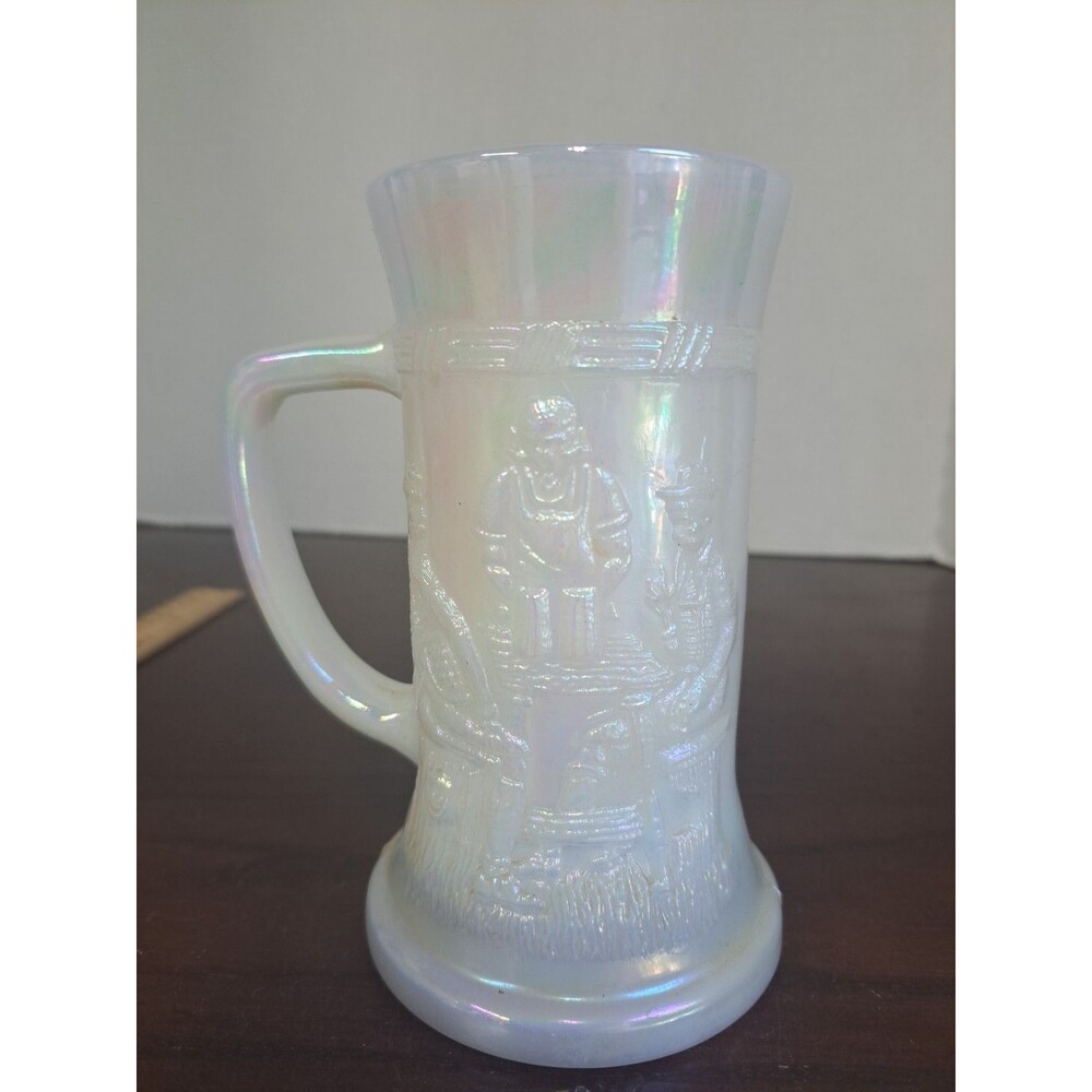 Vintage Fderal Glass Iridescent Milk Glass With Tavern Scene Beer Stein